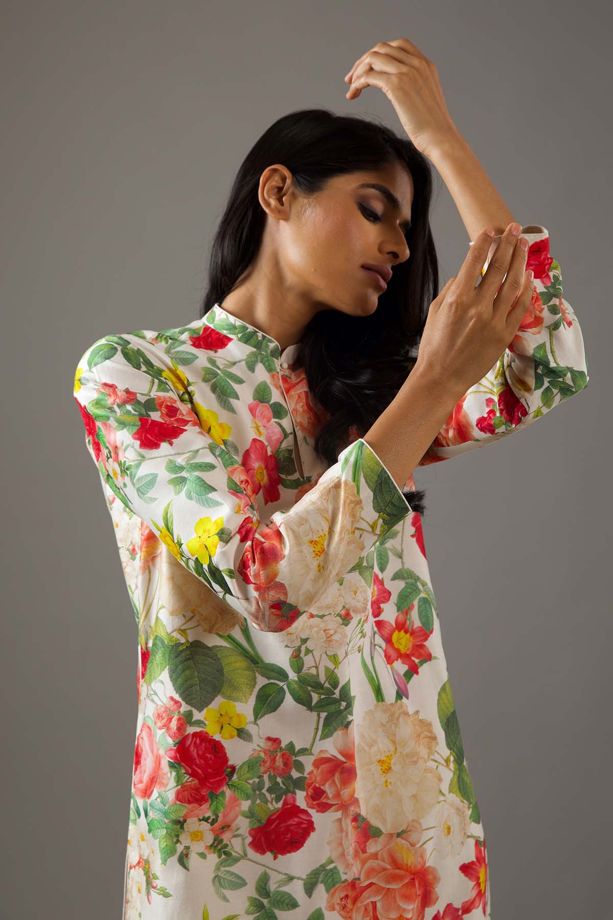 Chanderi Silk Ivory Floral Printed Tunic Set