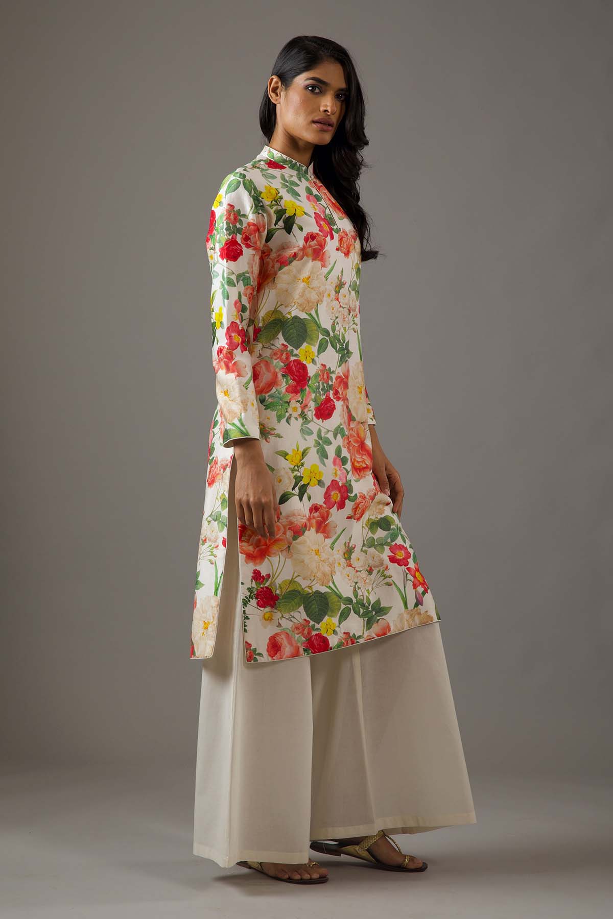 Chanderi Silk Ivory Floral Printed Tunic Set