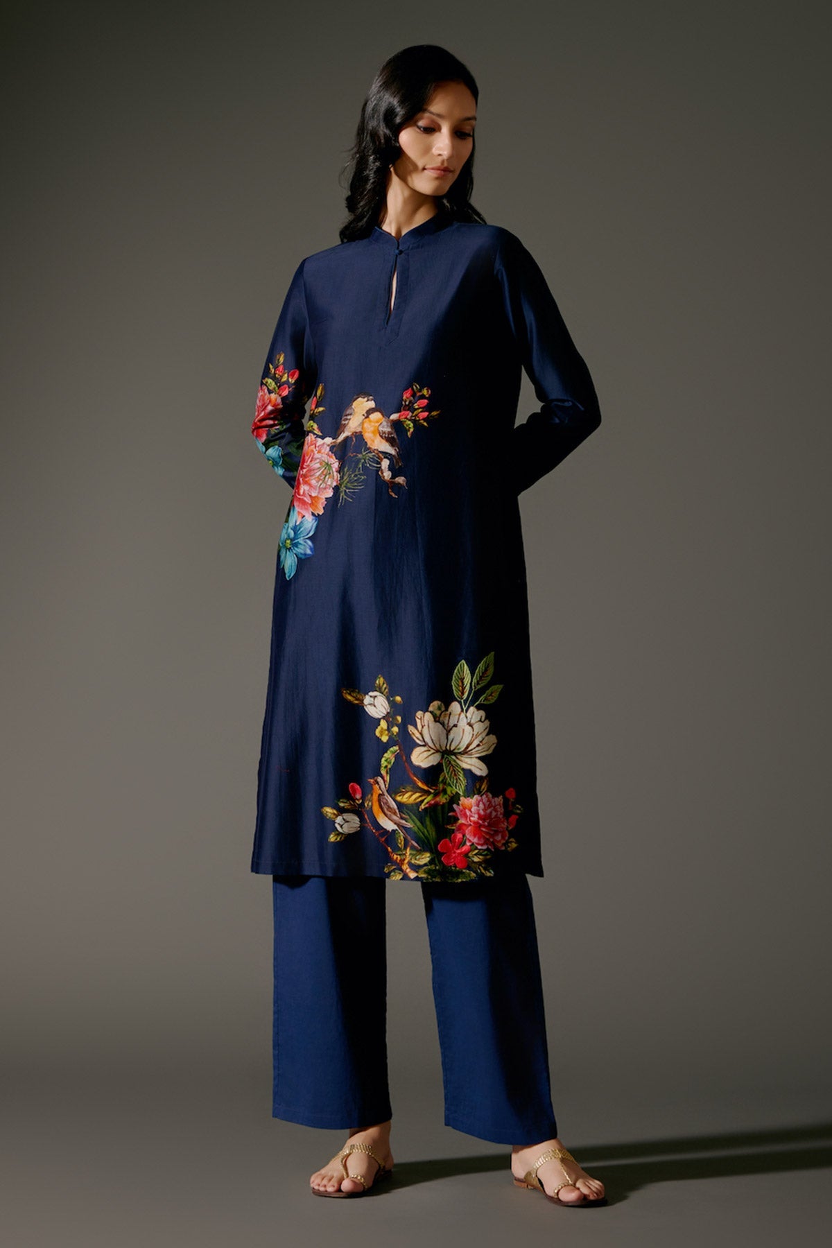 Indigo Chanderi Kurta Set With Digital Print & Embroidery & Volie Pant-RTS