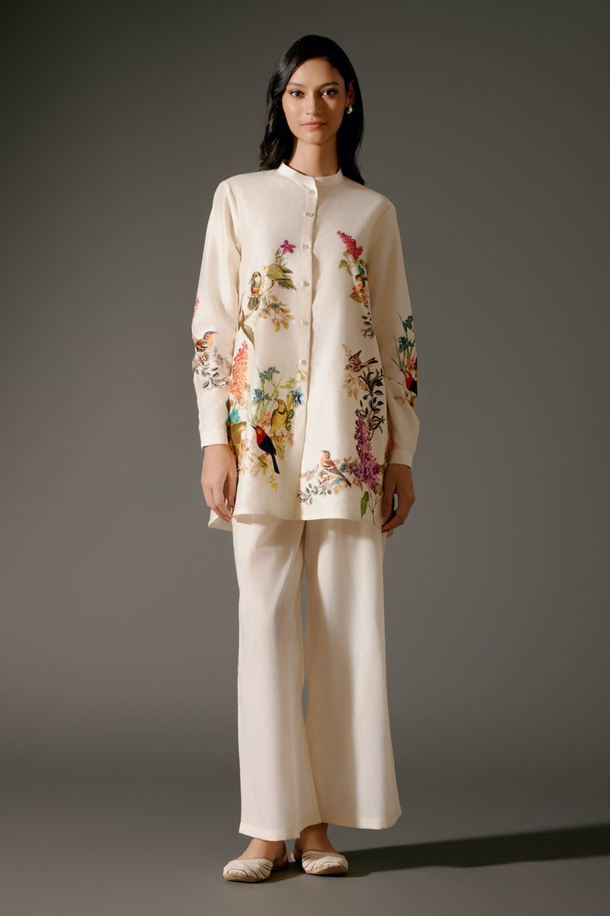 Ivory Printed Chanderi Silk Tunic Set Floral Abstract Design & Volie Pant-RTS