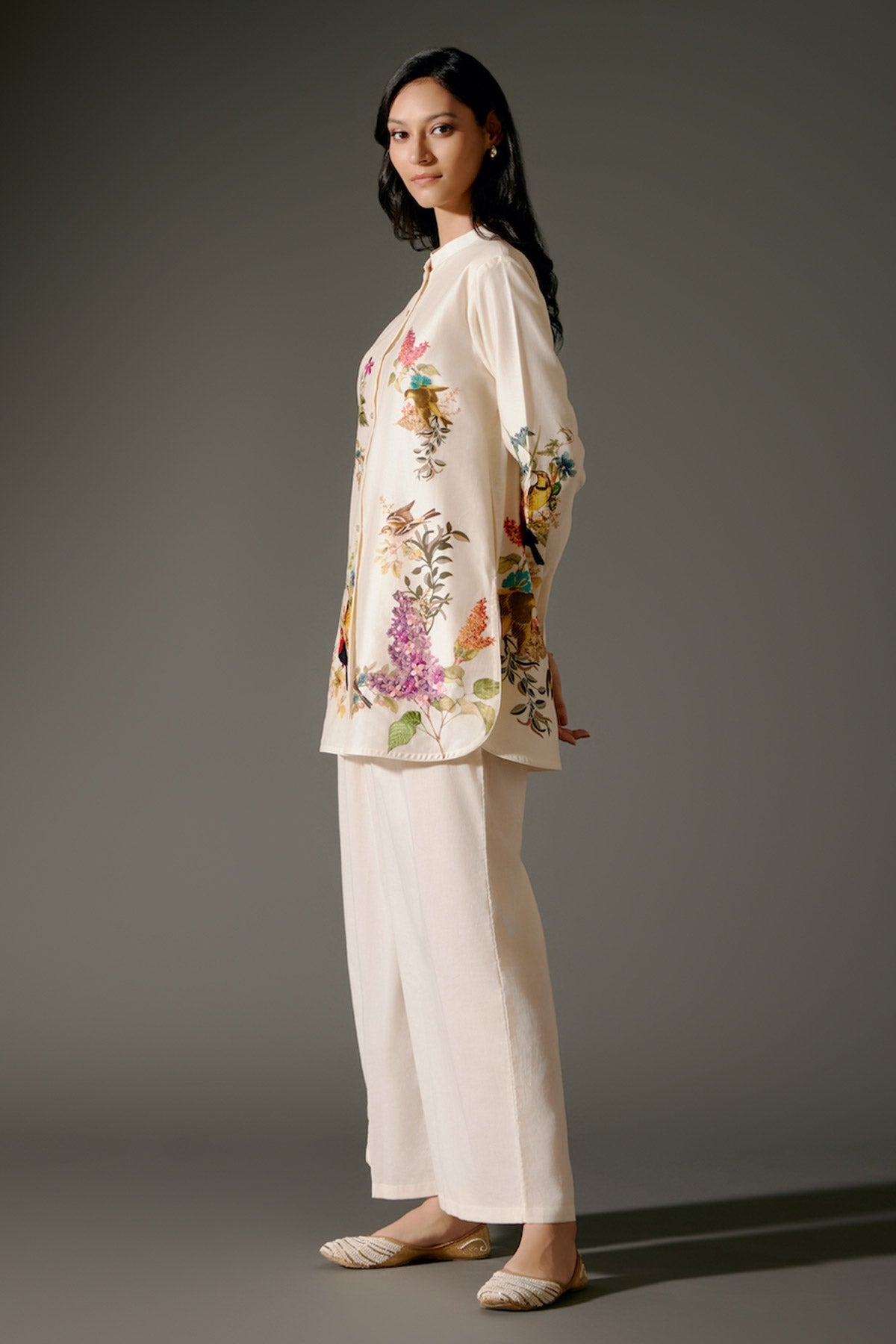 Ivory Printed Chanderi Silk Tunic Set Floral Abstract Design & Volie Pant-RTS