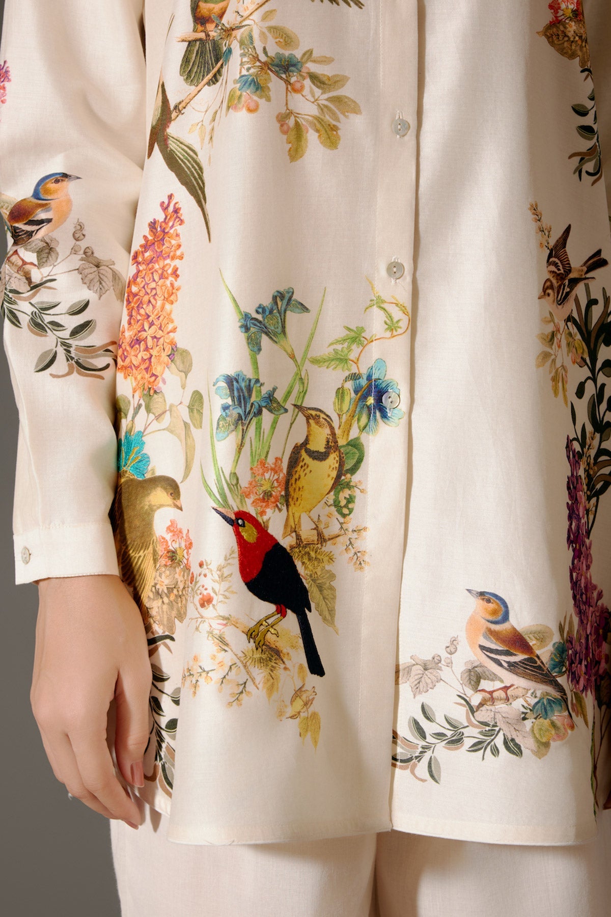 Ivory Printed Chanderi Silk Tunic Set Floral Abstract Design & Volie Pant-RTS