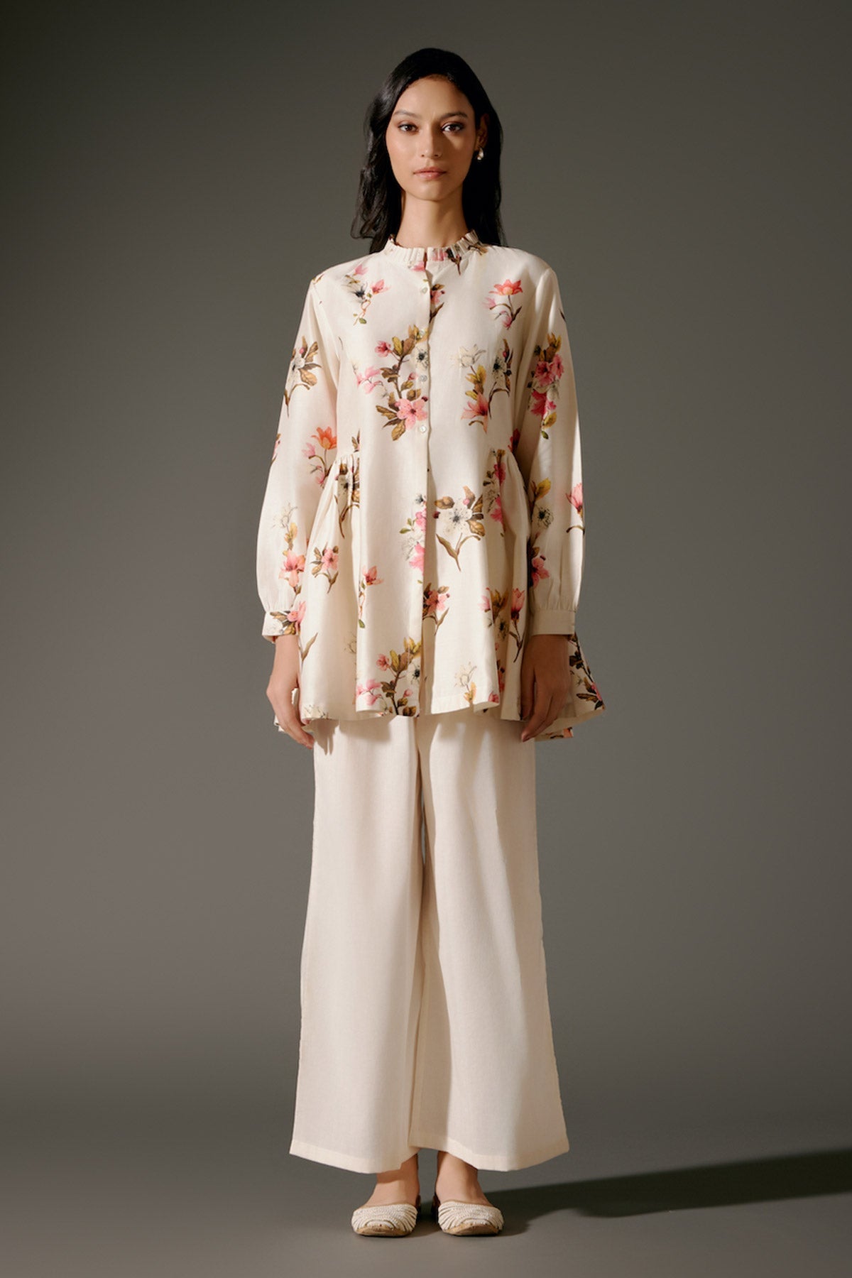 Ivory Printed Chanderi Silk Tunic Set Floral Abstract Design & Volie Palazzo-RTS