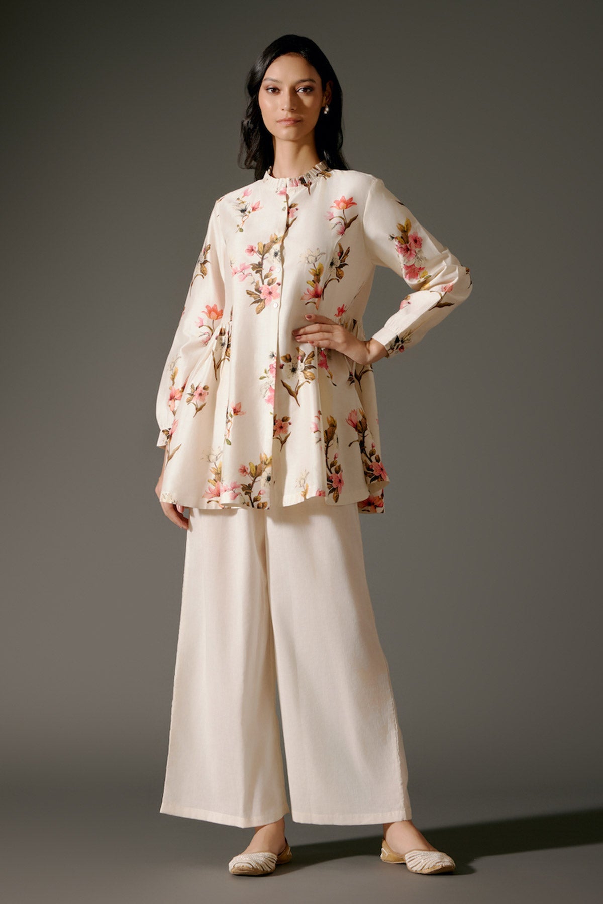 Ivory Printed Chanderi Silk Tunic Set Floral Abstract Design & Volie Palazzo-RTS