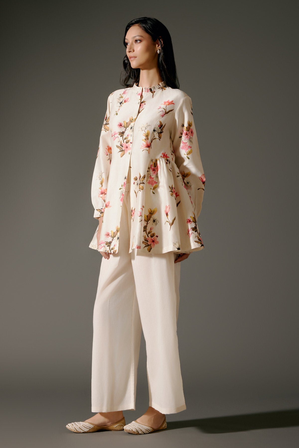 Ivory Printed Chanderi Silk Tunic Set Floral Abstract Design & Volie Palazzo-RTS