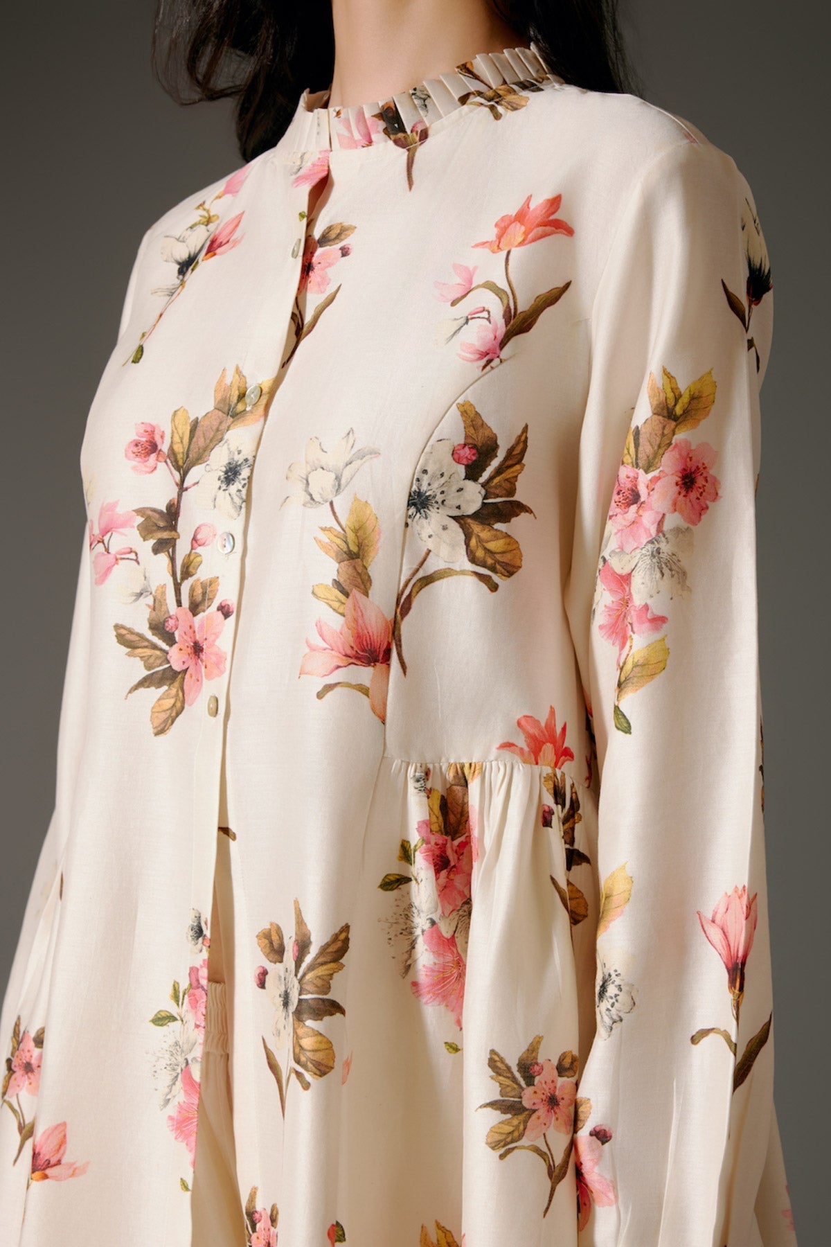 Ivory Printed Chanderi Silk Tunic Set Floral Abstract Design & Volie Palazzo-RTS