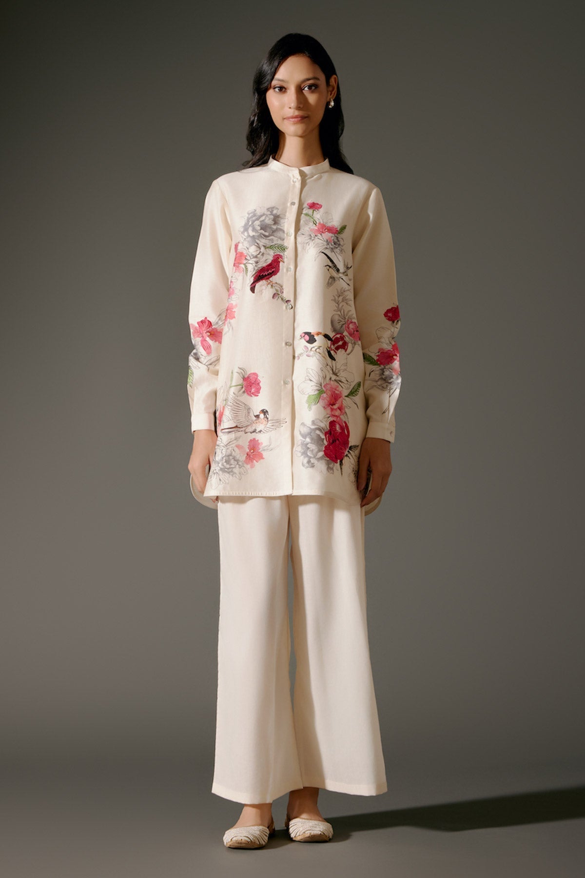 Ivory Printed Chanderi Silk Tunic Set With Embroidery & Volie Palazzo-RTS