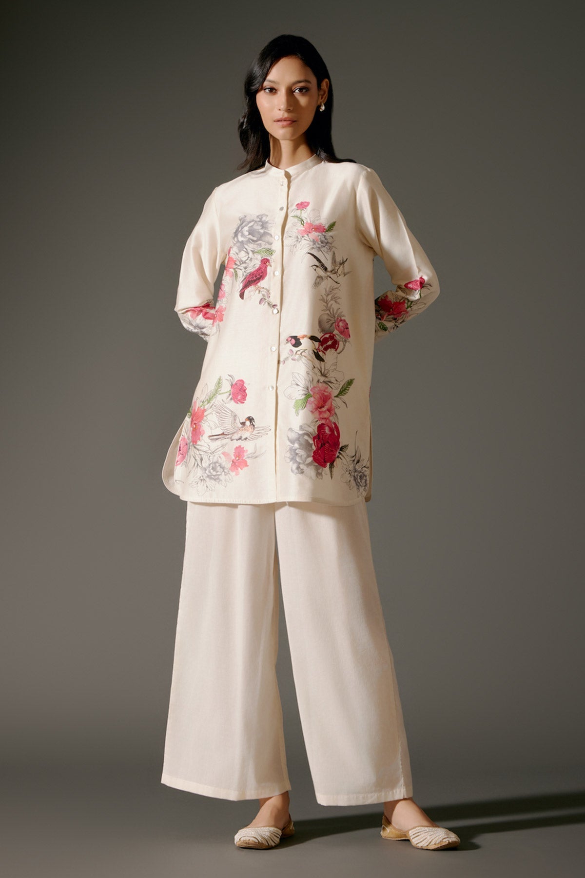 Ivory Printed Chanderi Silk Tunic Set With Embroidery & Volie Palazzo-RTS