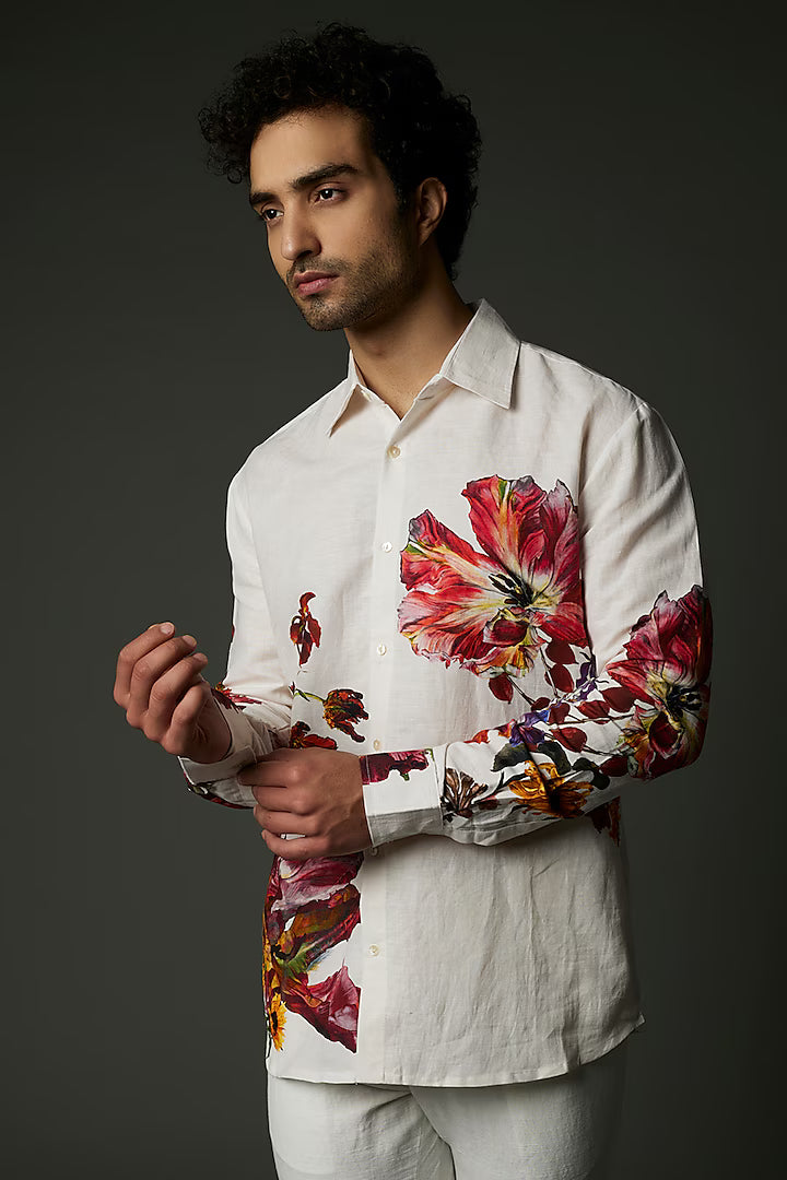 White Satin Poplin Floral Printed Shirt