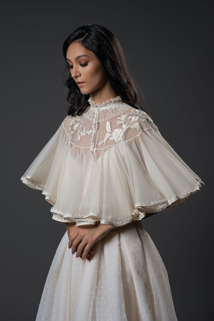 Net Cape With Floral Embroidery