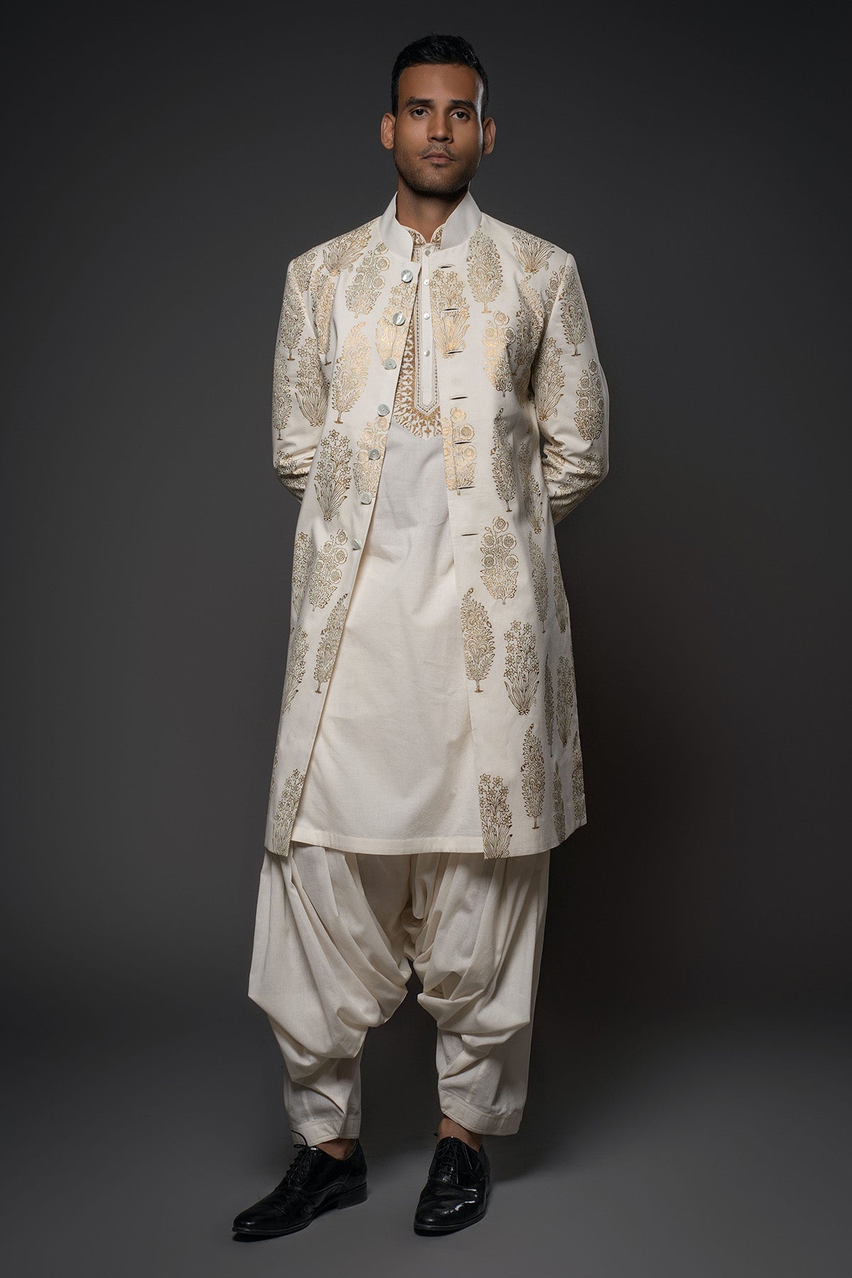 Ocean Tone Digital Printed Chanderi Silk Sherwani