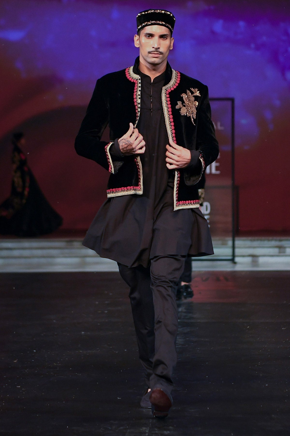 Black Silk Velvet Embroidered Jacket For Men