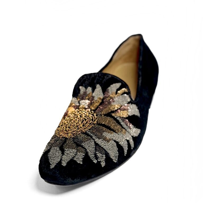 Rohit Bal Black Velvet Floral Sequence Embriodery Shoes With Leather Sole