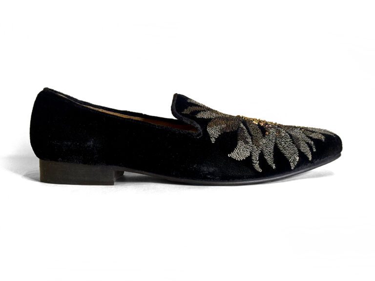 Rohit Bal Black Velvet Floral Sequence Embriodery Shoes With Leather Sole