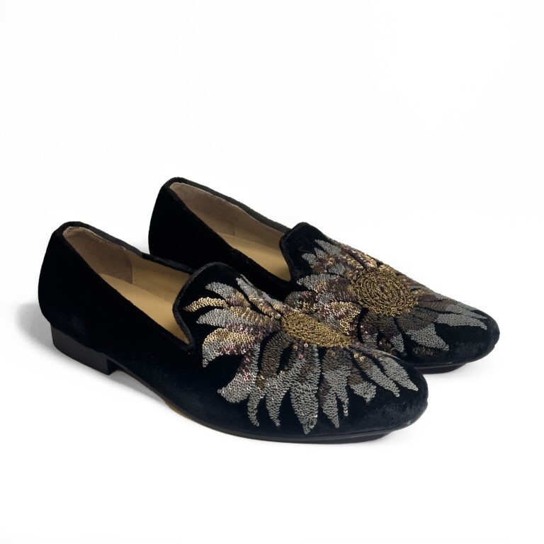 Rohit Bal Black Velvet Floral Sequence Embriodery Shoes With Leather Sole