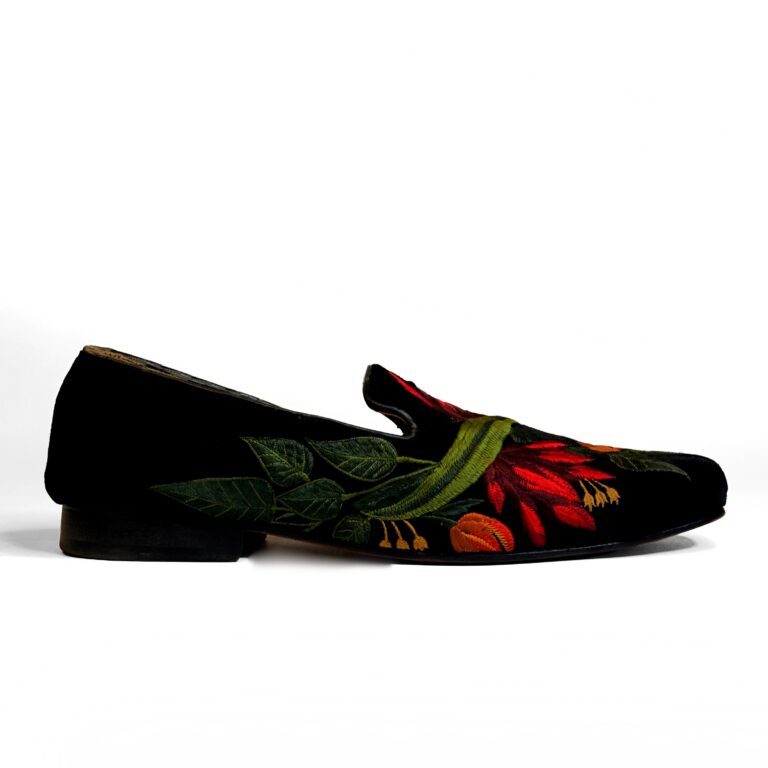 Rohit Bal Black Velvet Floral Multicolor Resham Embriodery Shoes With Leather Sole