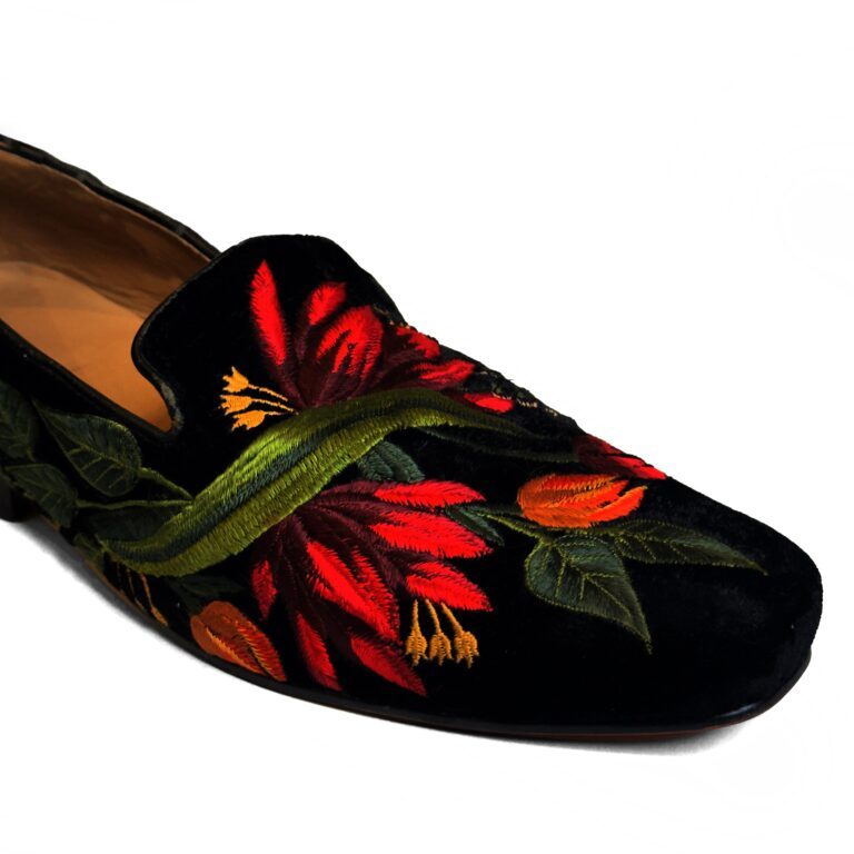 Rohit Bal Black Velvet Floral Multicolor Resham Embriodery Shoes With Leather Sole