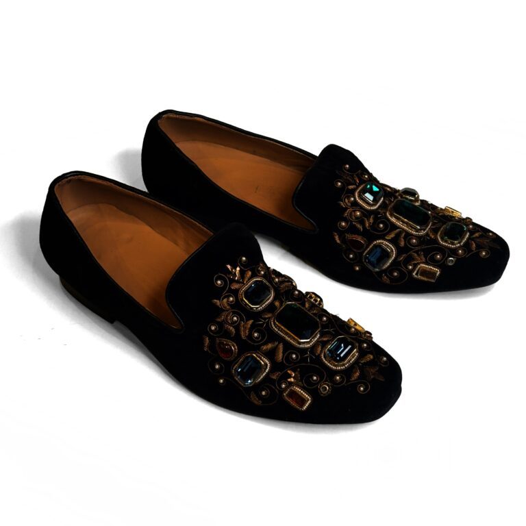 Rohit Bal Black Velvet Multicolour Stone And Zari Embriodery Shoes With Leather Sole