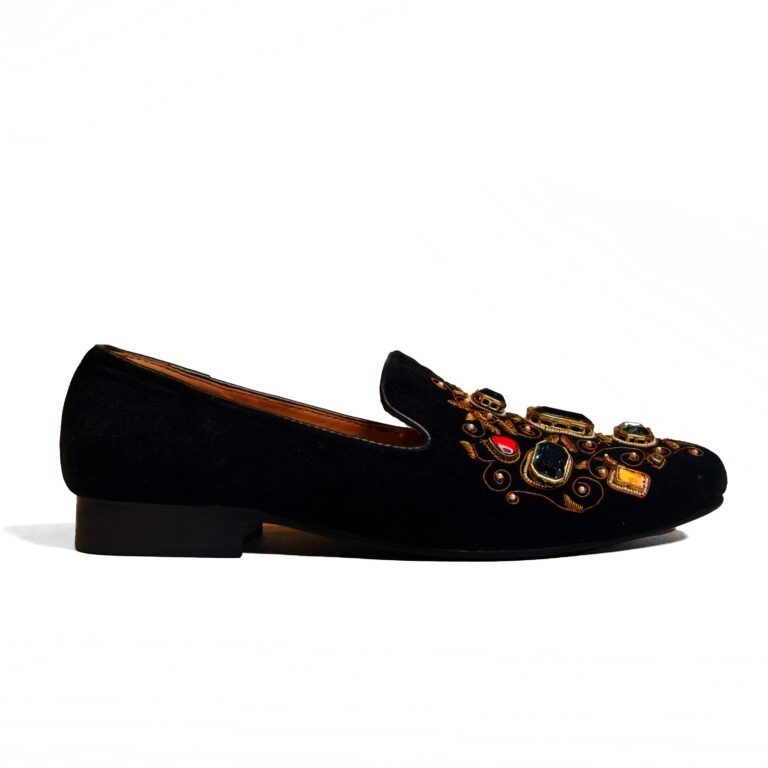 Rohit Bal Black Velvet Multicolour Stone And Zari Embriodery Shoes With Leather Sole