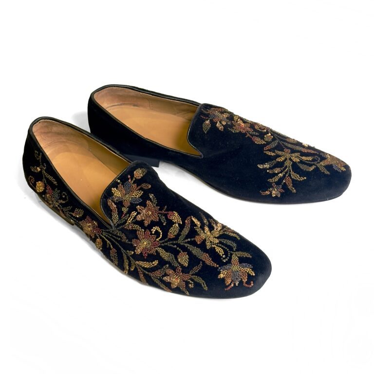 Rohit Bal Black Velvet Floral Multicolor Sequence Embriodery Shoes With Leather Sole