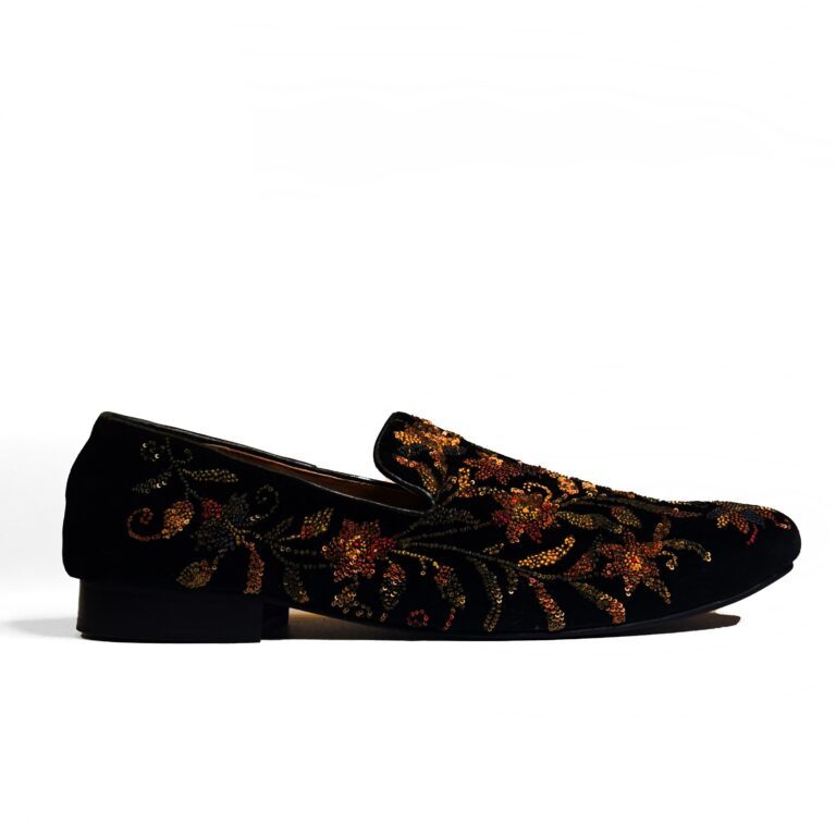 Rohit Bal Black Velvet Floral Multicolor Sequence Embriodery Shoes With Leather Sole