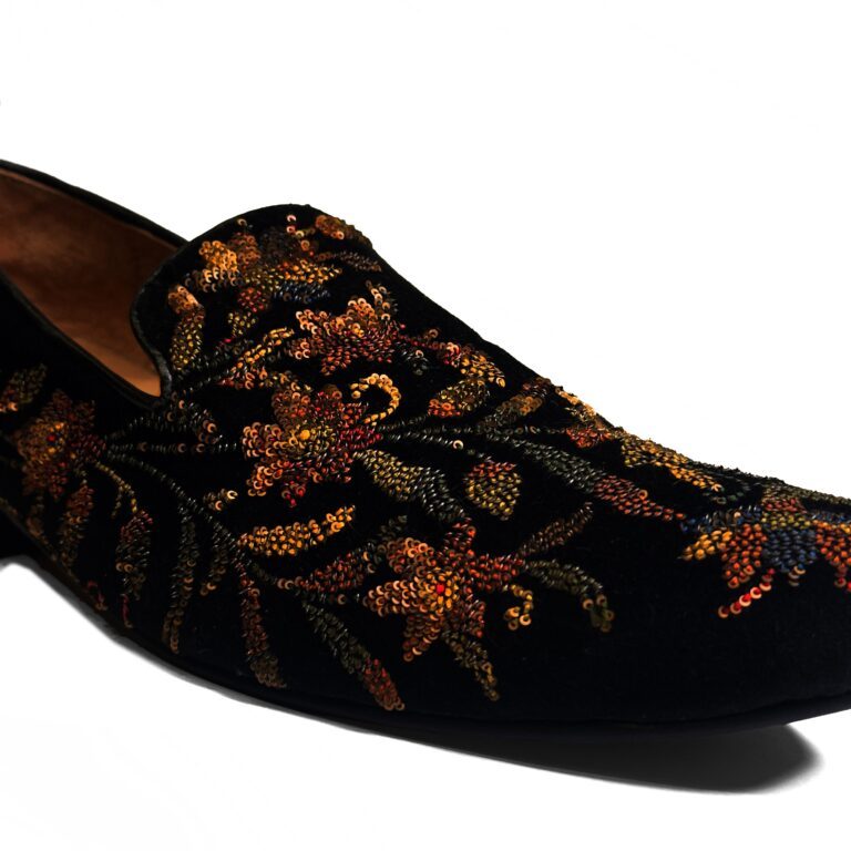 Rohit Bal Black Velvet Floral Multicolor Sequence Embriodery Shoes With Leather Sole