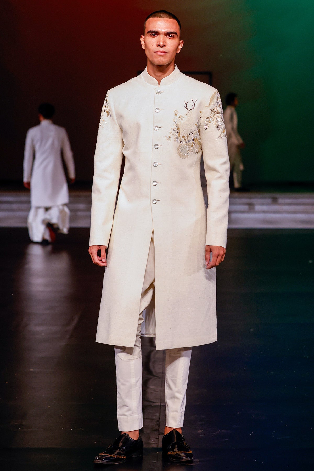 Ivory Matka Silk Sherwani With Embroidery For Men