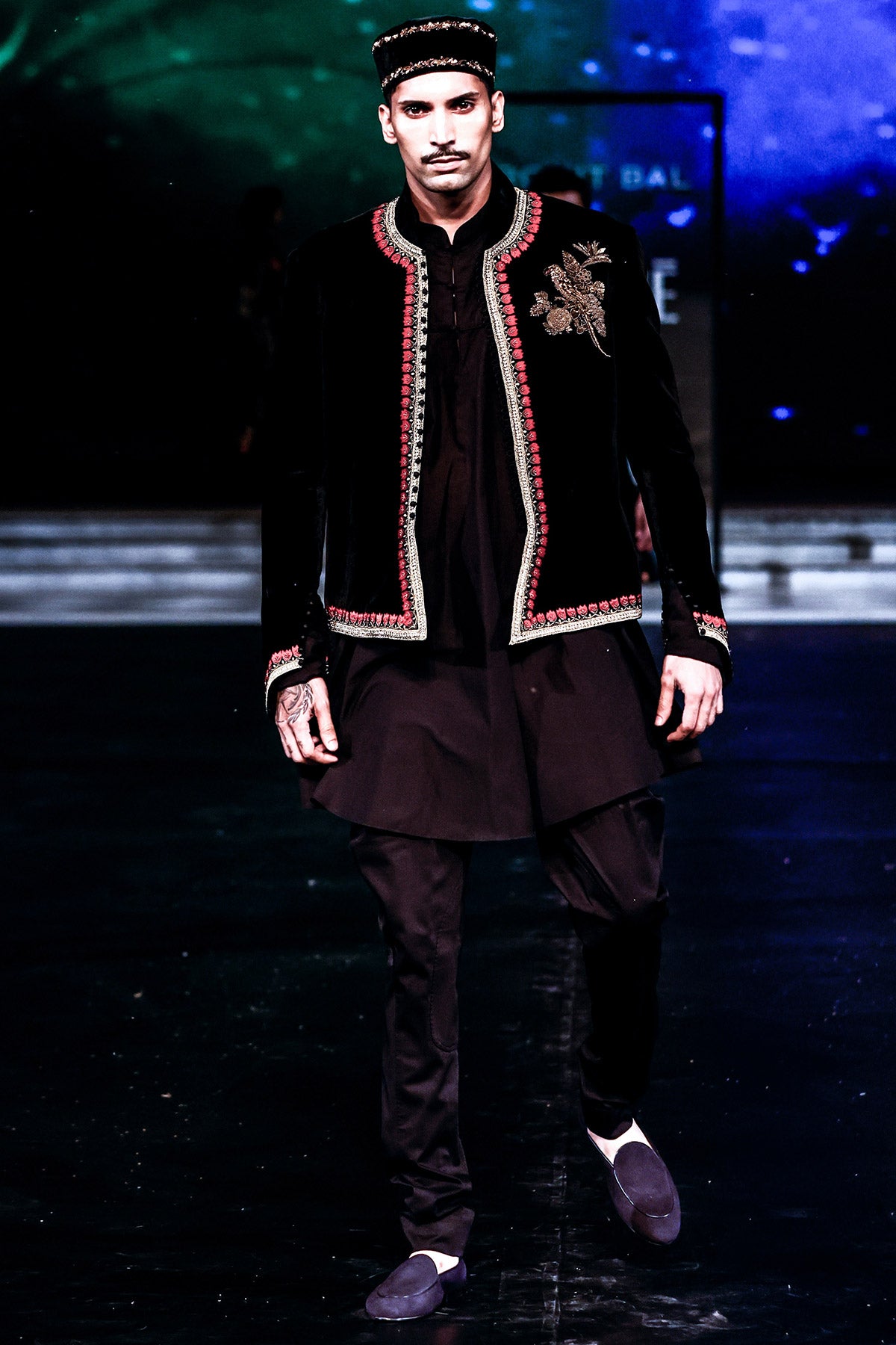 Black Silk Velvet Embroidered Jacket For Men