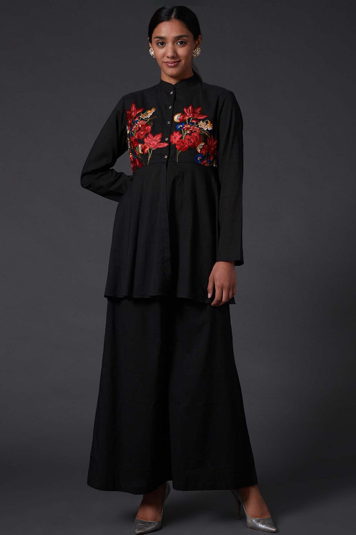 Black Embroidered Peplum Top With Palazzo Pants