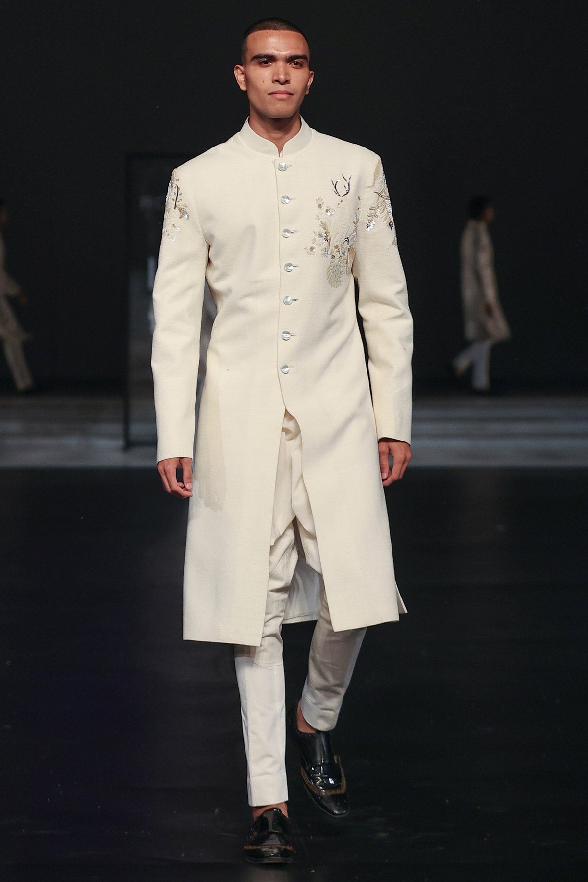 Ivory Matka Silk Sherwani With Embroidery For Men