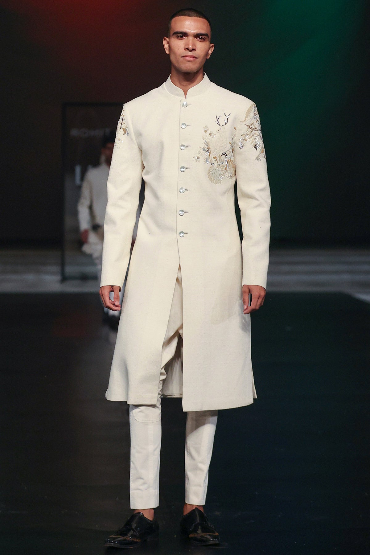 Ivory Matka Silk Sherwani With Embroidery For Men