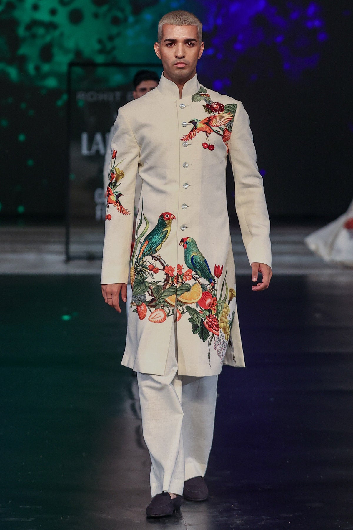 Printed Ivory Matka Silk Sherwani For Men