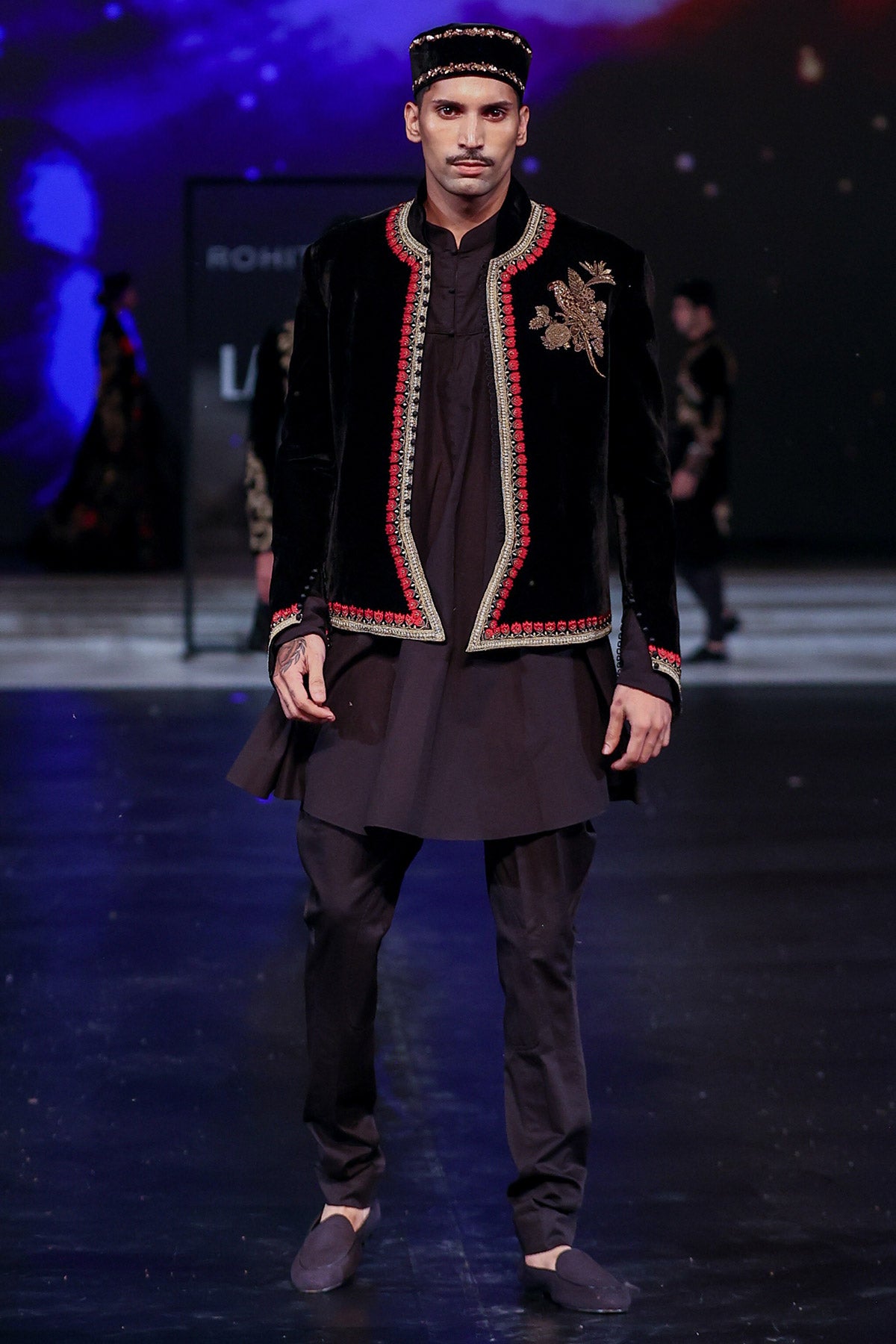 Black Silk Velvet Embroidered Jacket For Men