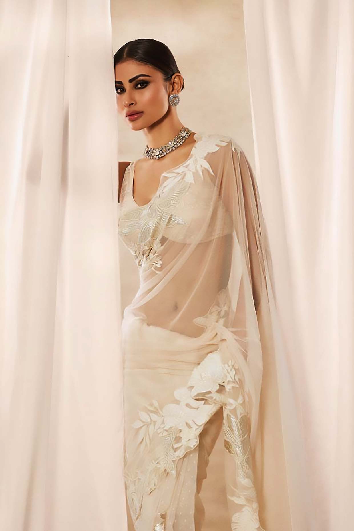 Women's Ivory Embroidered net saree