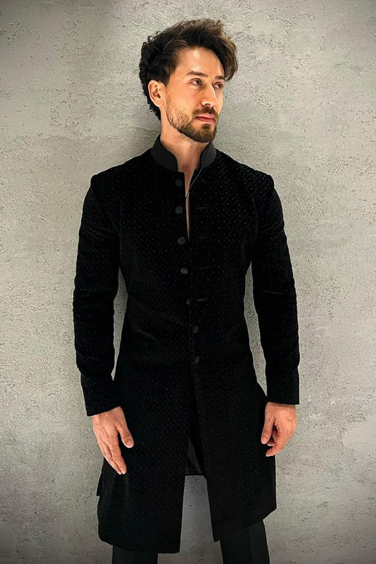 Black Velvet Sherwani With Burfi Resham And Emb Work