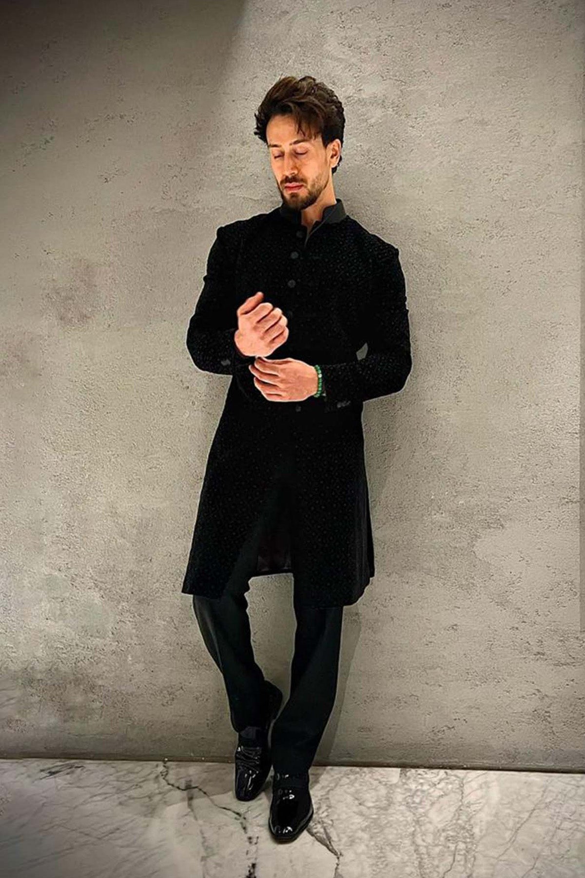 Black velvet Sherwani with burfi resham and emb work