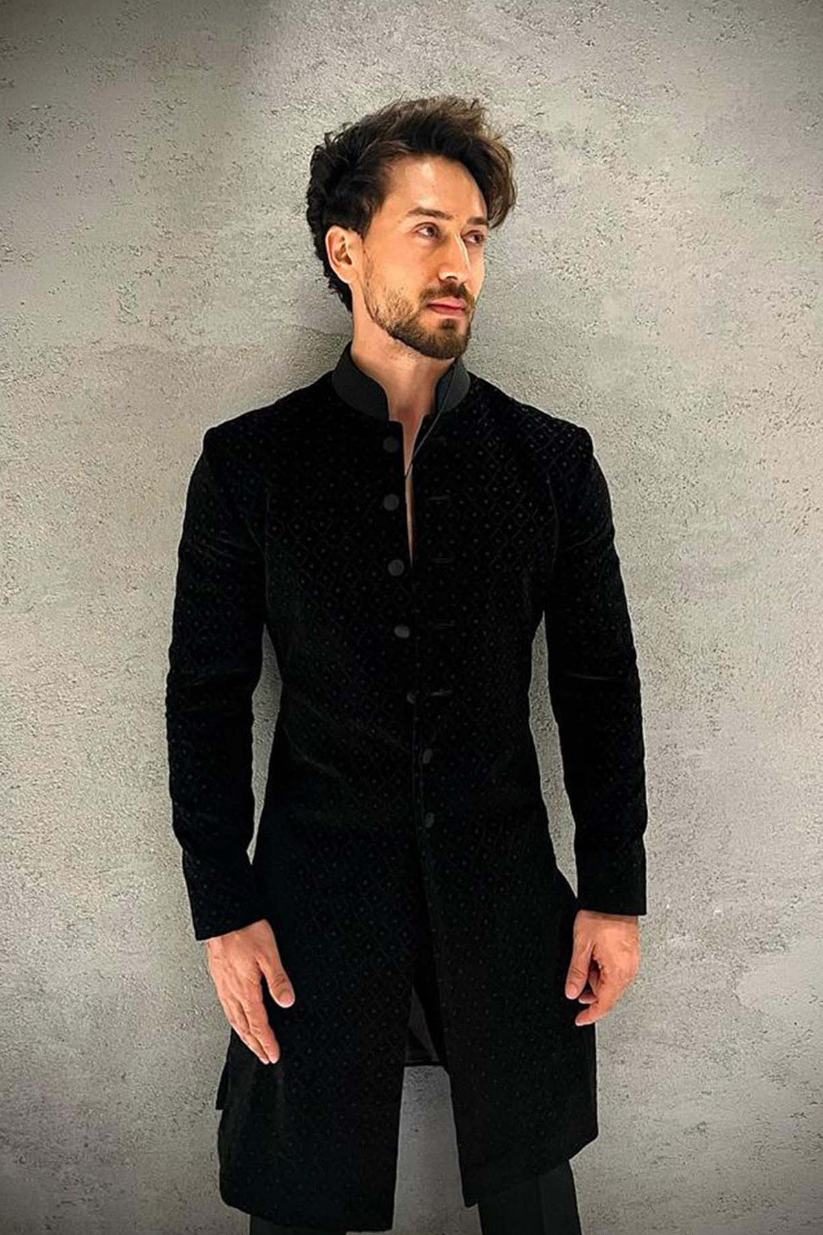 Black velvet Sherwani with burfi resham and emb work