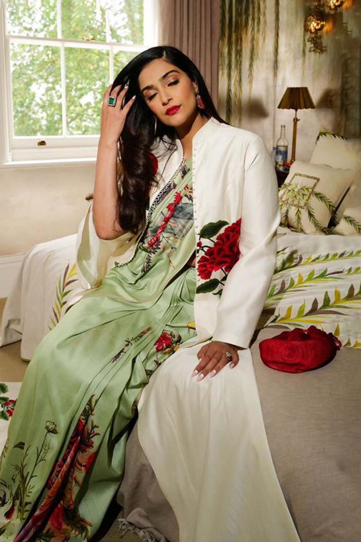 Mint Green Silk Chanderi Saree With Floral Multicolour Print