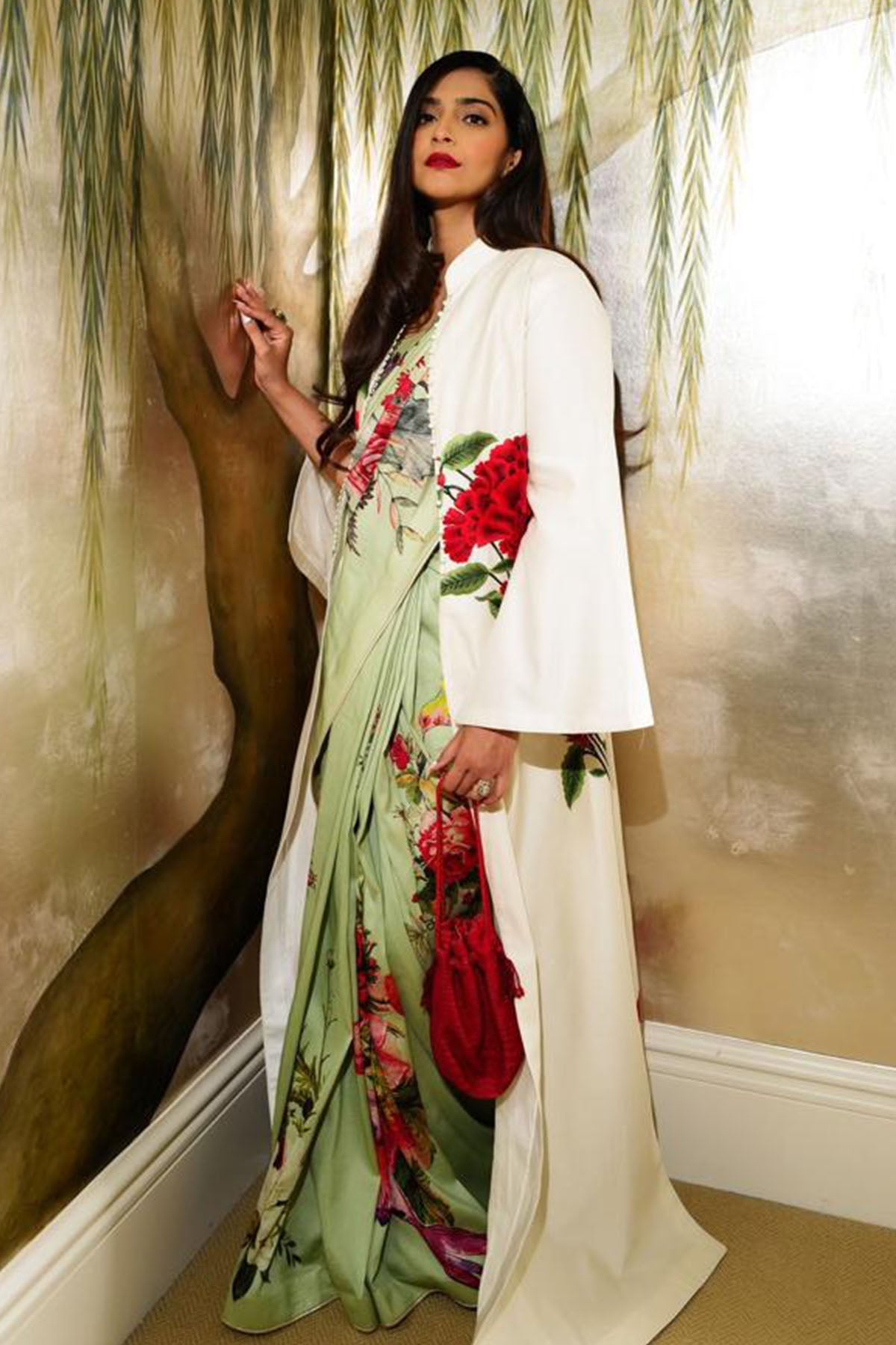 Mint Green Silk Chanderi Saree With Floral Multicolour Print