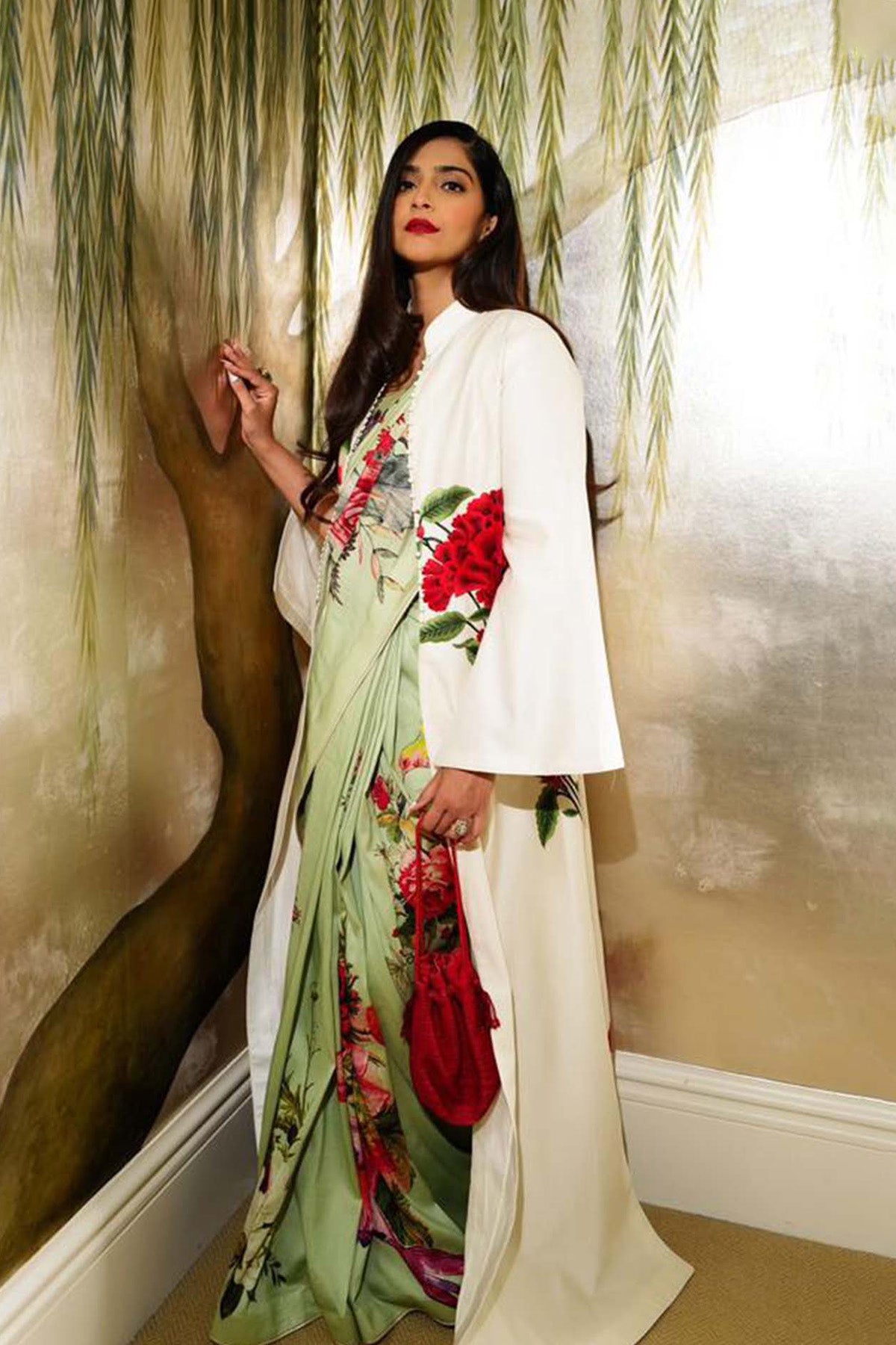 Mint Green Silk Chanderi Saree With Floral Multicolour Print