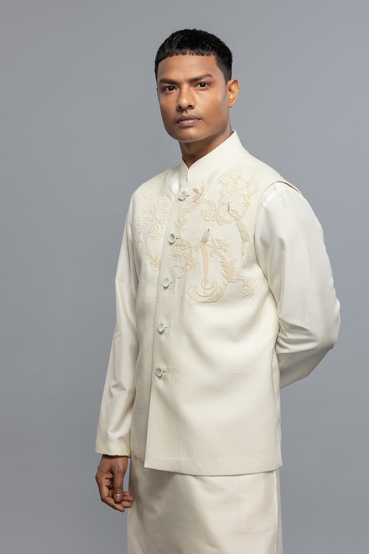 Men's Ivory Matka Silk Bundi with Resham Embroidery