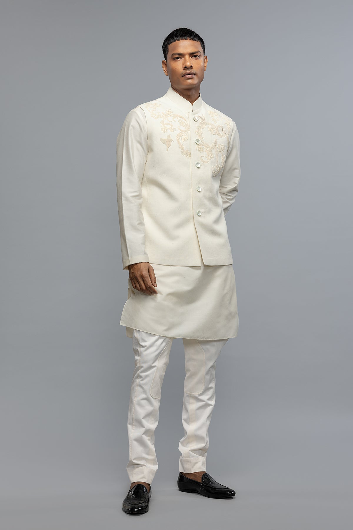 Men's Ivory Matka Silk Bundi with Resham Embroidery
