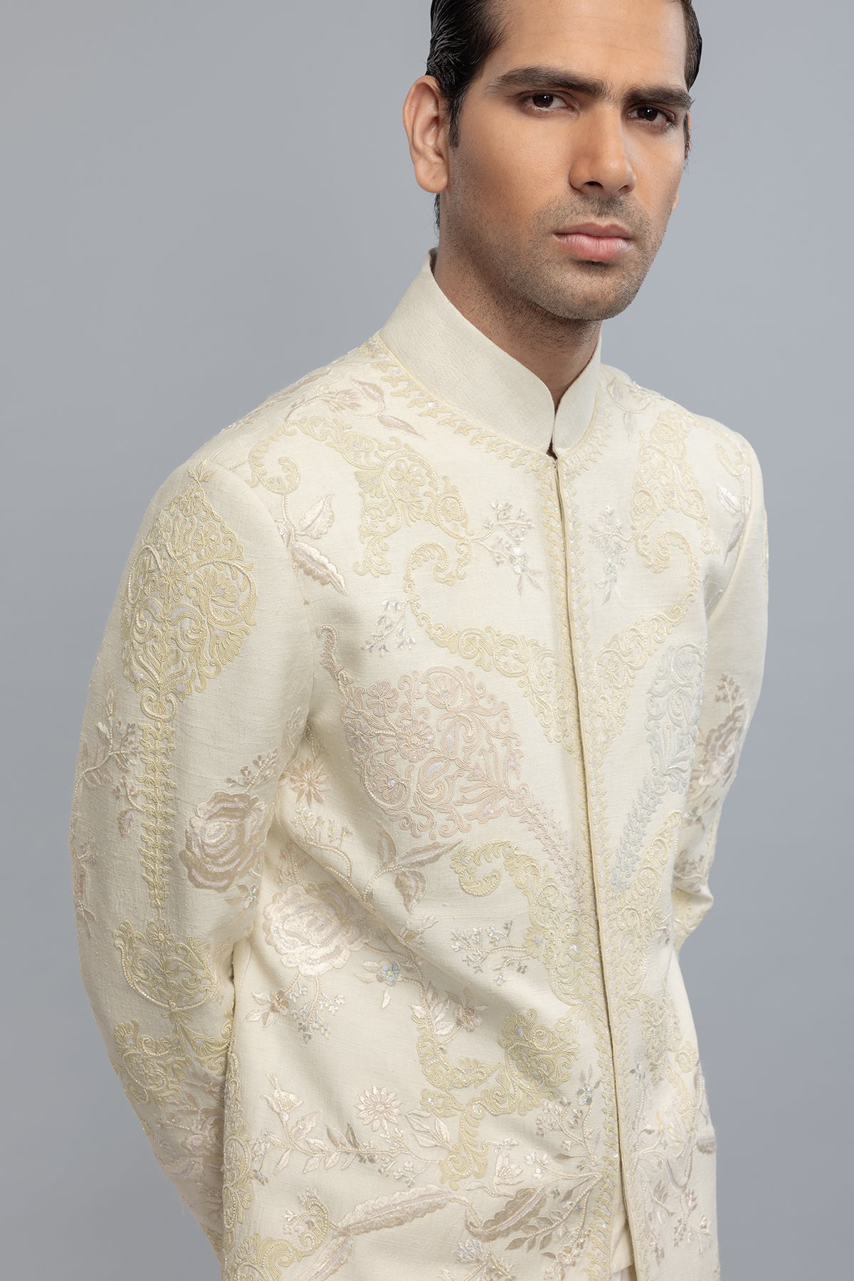 Men's Ivory Matka Silk Sherwani with Embroidery