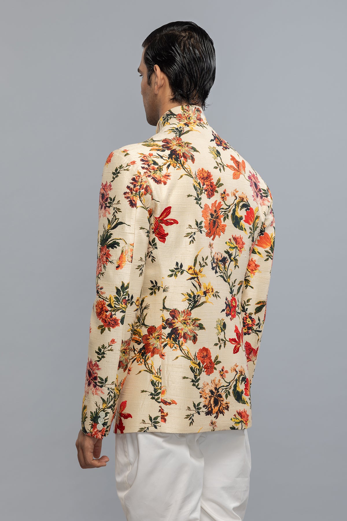 Men's Black Floral Printed Dupion Silk Badhgala