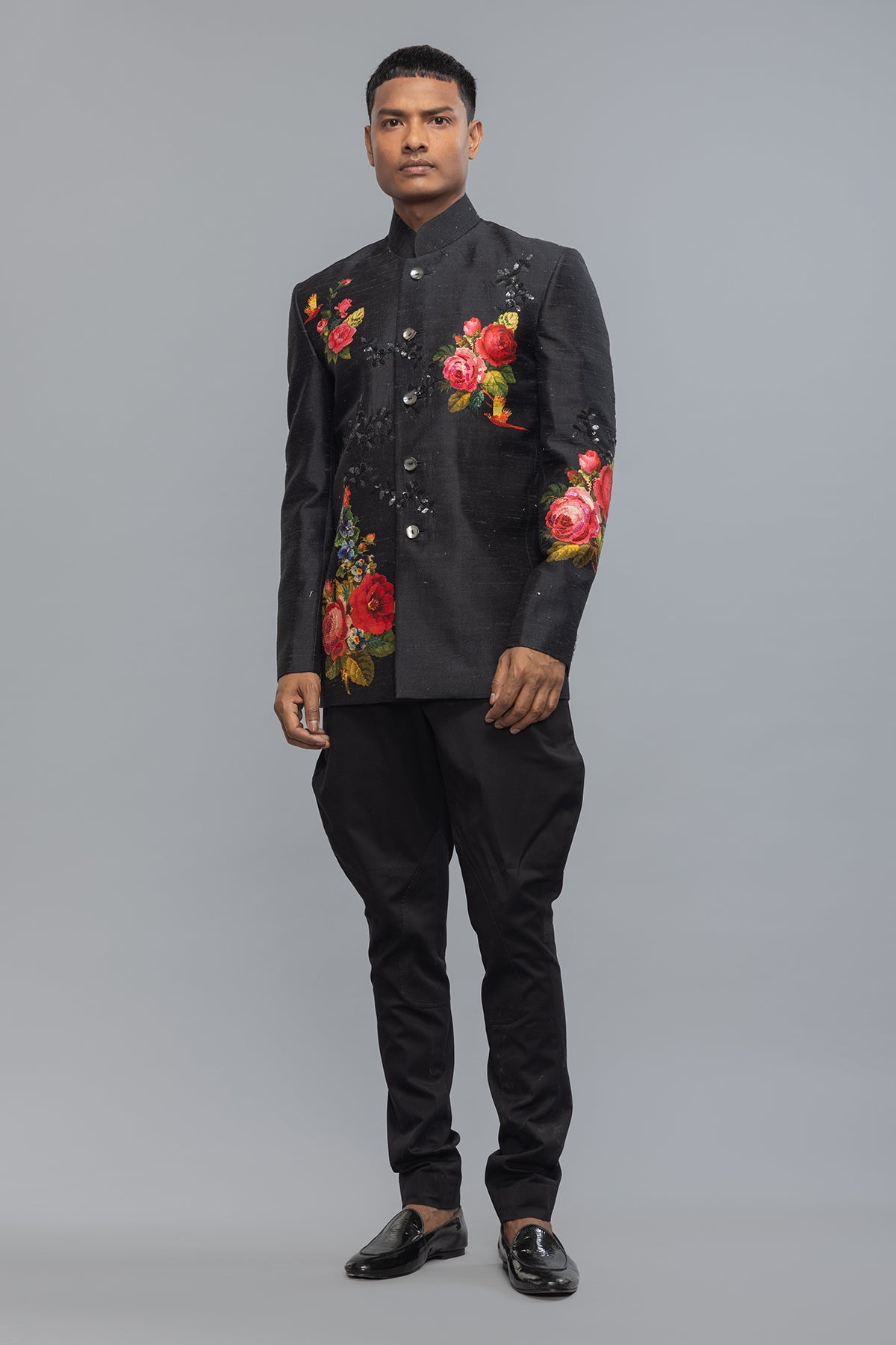 Men's Black Floral Printed Matka Silk Badhgala with Embroidery