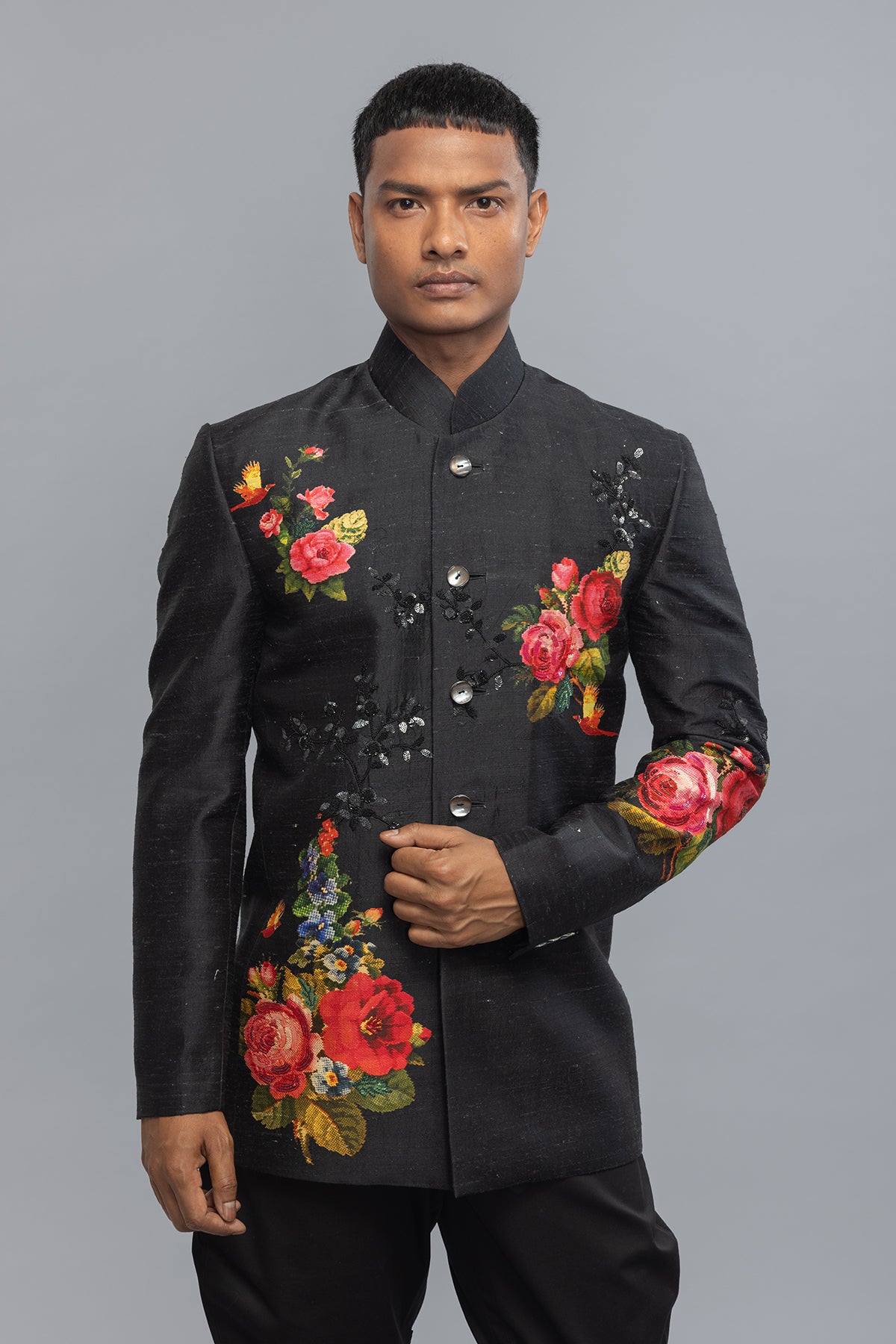 Men's Black Floral Printed Matka Silk Badhgala with Embroidery