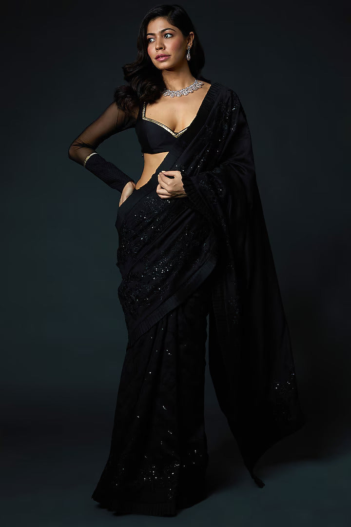 Black Organza Hand Embroidered Saree Set