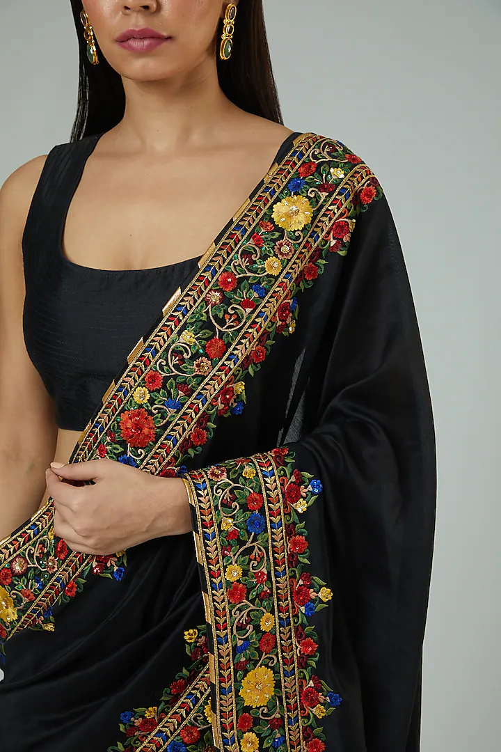 Black Georgette Embroidered Saree Set