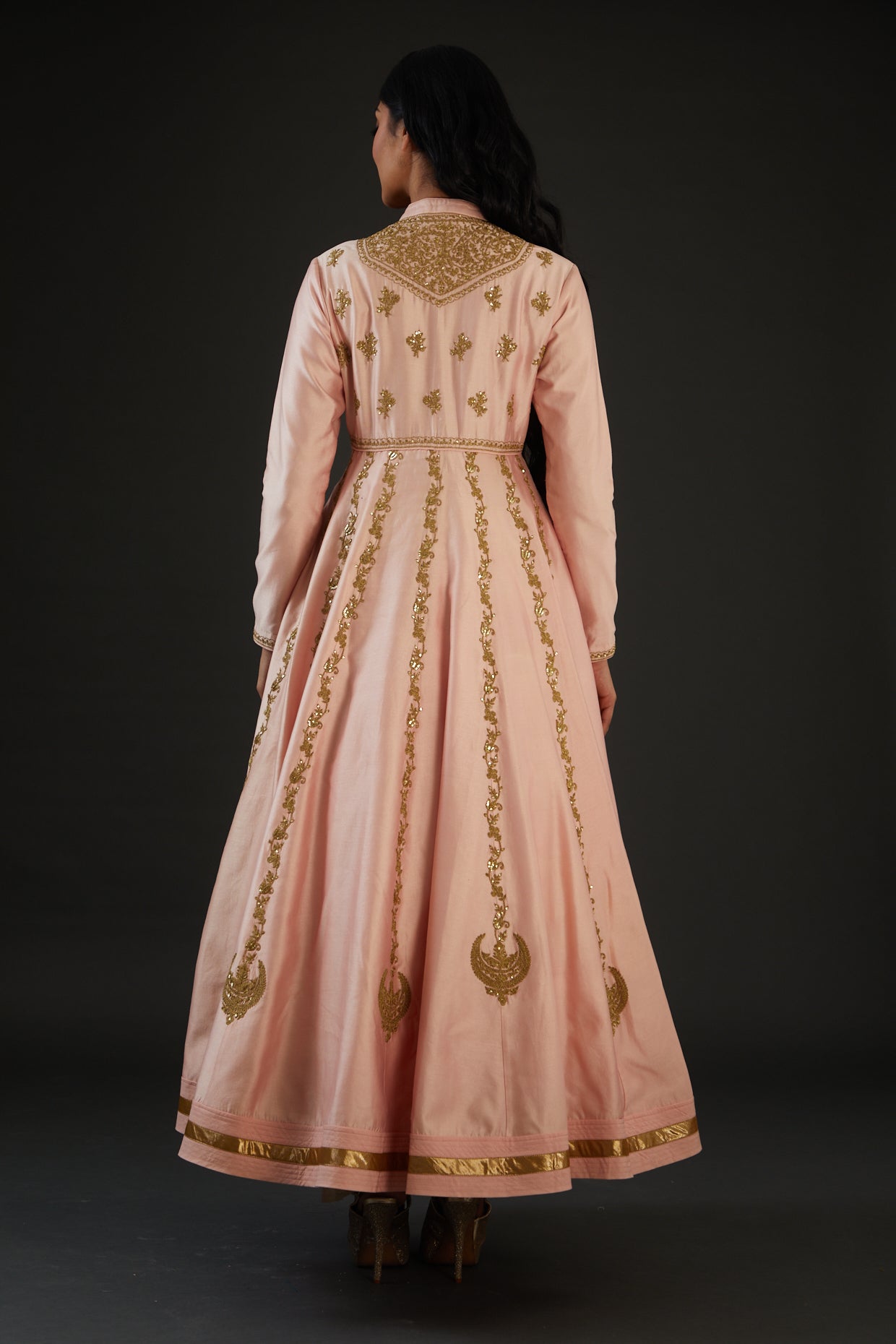 Peach Chanderi Silk Embroidered Anarkali Set