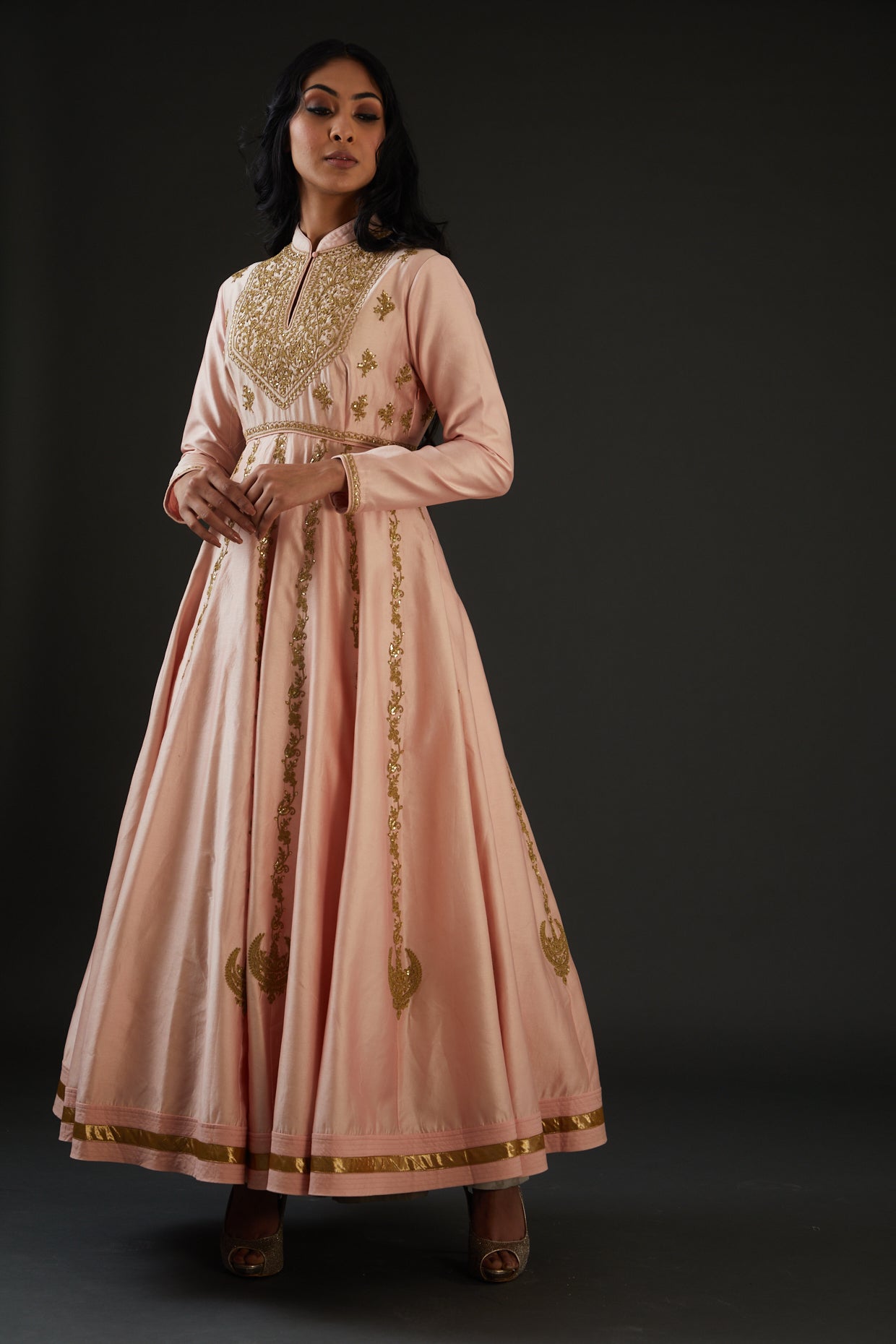 Peach Chanderi Silk Embroidered Anarkali Set